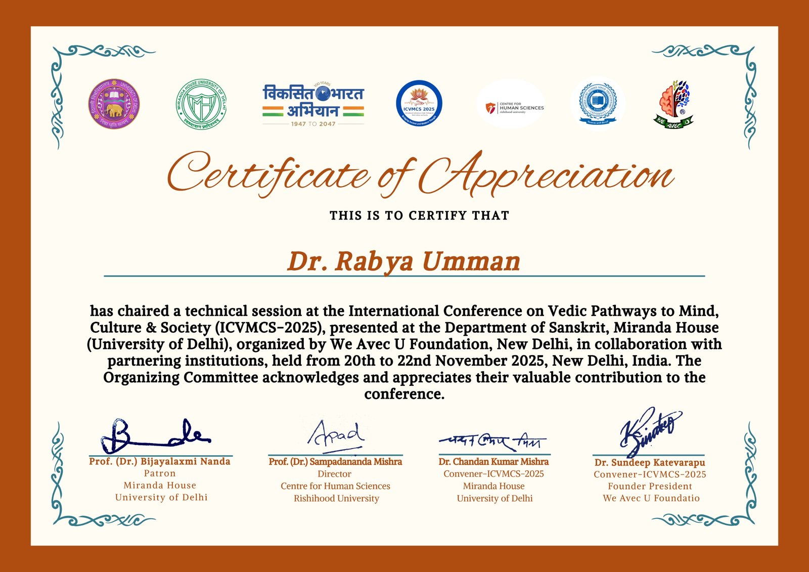 Certificate of Appreciation — ICVMCS-2025